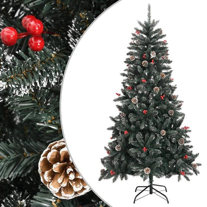 180cm Large Pre-Decorated PVC Artificial Christmas Tree with Stand - Full Tree with Pine Cones & Red Berries, Sturdy Steel Base, Dark Green & White Foliage, 30 Red/Black Ornaments, 28 Berry Clusters, 489 Pointed & 268 Straigh