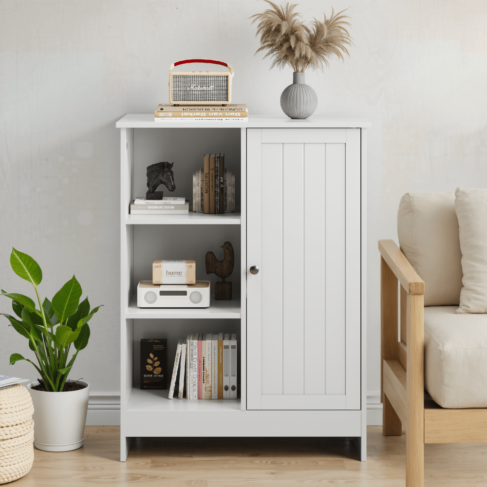 Dressoir – Ladekast – Opbergkast – Buffetkast – Kast – Wit – 1 Deur & 3 Open Vakken – Verstelbare Planken – Compact 60x30x80 cm