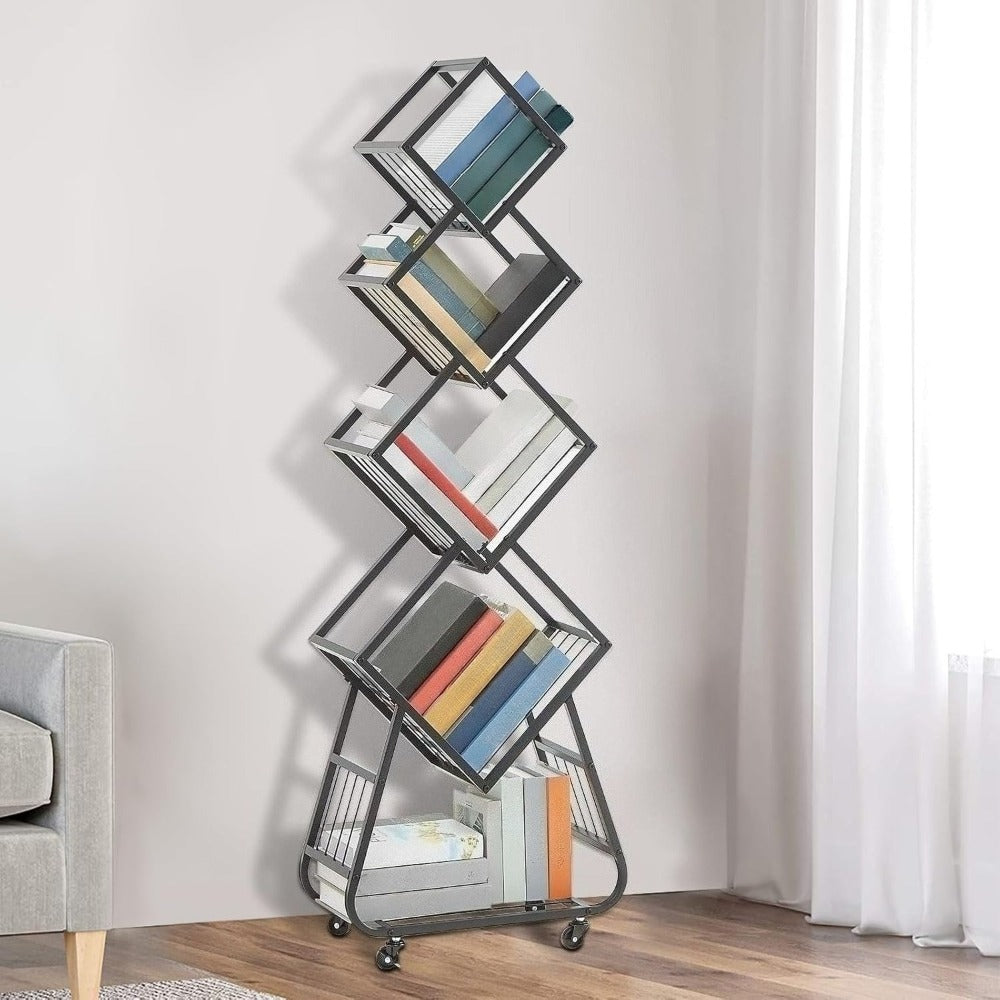 5-Laagse Metalen Boekenkast – Boekenkast – Boekenplank – Boekrek – Opbergrek – Zwart – Stevige Metalen Constructie – Wieltjes Met Rem