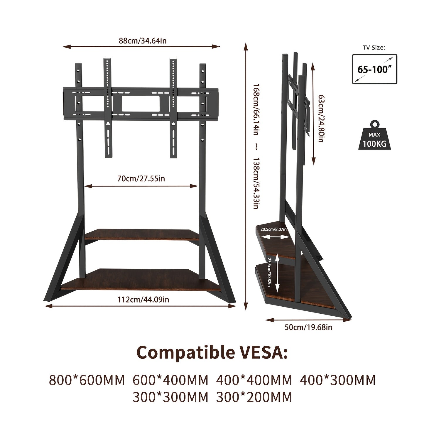Heavy Duty Floor TV Stand, Universal TV Stand for 65-100 inch TVs up to 99.79 KG, Height Adjustable Standing TV Mount, Tall TV Mount with Storage Shelves, Max VESA 800x600mm for Meeting Room, Living Room