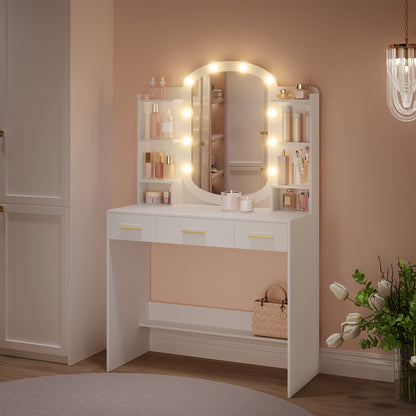 Kaptafel – Make-up Tafel – Dressoir – Toiletmeubel – Slaapkamermeubel – Wit – Ovale Spiegel – 3 Lades + 6 Open Vakken – MDF Met Populierenhout