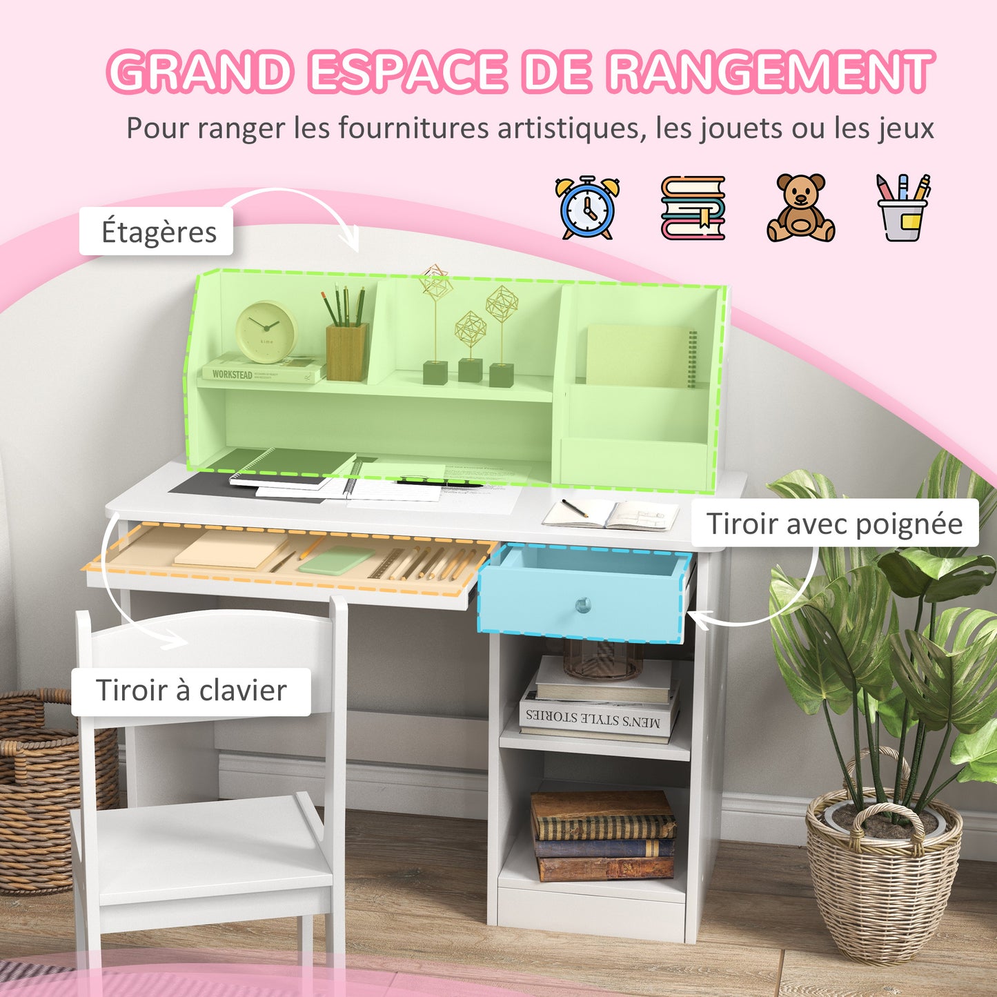 ZONEKIZ Office Set with Desk And Chair for Children Aged 5-8 with Many Storage Compartments, Sliding Tablet, And Drawer Ideal for Writing, Reading, And Drawing, White