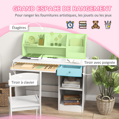 ZONEKIZ Office Set with Desk And Chair for Children Aged 5-8 with Many Storage Compartments, Sliding Tablet, And Drawer Ideal for Writing, Reading, And Drawing, White