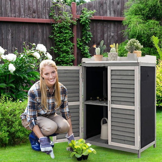 Outdoor Potting Bench Table, Garden Storage Cabinet with Metal Tabletop, Solid Wood Potting Workstation