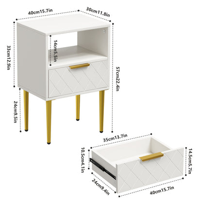 Moderne Minimalistische Nachtkast met 1 Lade en Gouden Poten – Ruimtebesparend Bedkastje met Open Plank, Duurzame Houtconstructie, Eenvoudig te Monteren – 68,6 cm Hoog – Ideaal voor Slaapkamer of Woonkamer