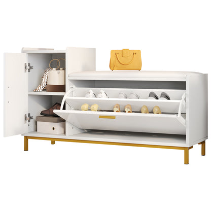 Schoenenkast – Schoenenopberger – Schoenentoren – Schoenmeubel – Schoenenrek – Modern Wit Met Gouden Accenten – Ruimtebesparend 100x38x68 cm – Met Zitting En Verborgen Uittrekbare Schoenlade