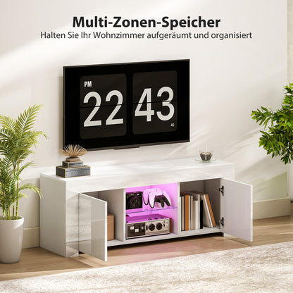 Tv-meubel – TV-kast – Media-meubel – Dressoir – Lowboard – Wit Spaanplaat – LED-verlichting – Glazen Plank – 2 Deuren – Kabeldoorvoer