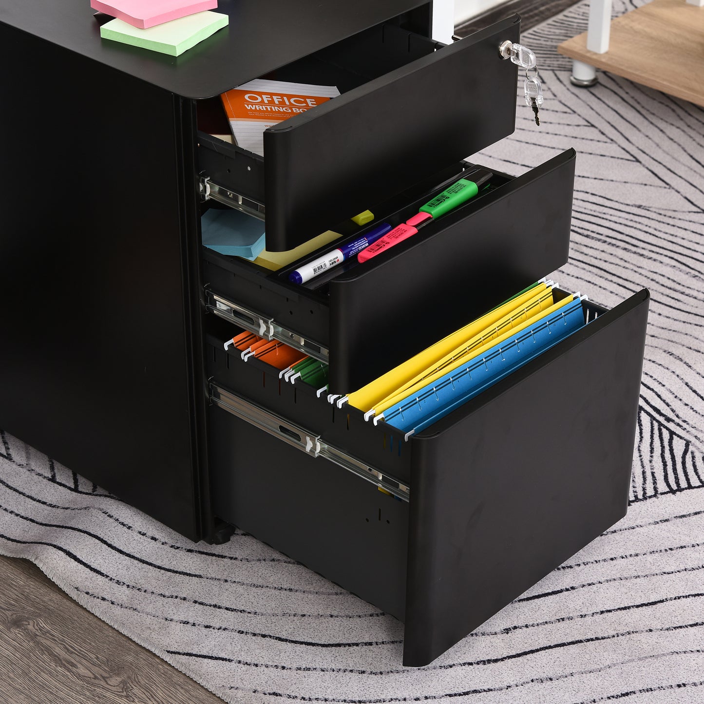 Rollcontainer – Mobiele Kast – Ladekast – File Cabinet – Opbergkast – 3 Laden – Stalen Behuizing – Zwart – 39x48x59 cm – Centraal Slot – Zwenkwieltjes