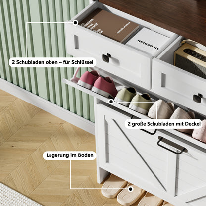 Schoenenkast – Schoenenrek – Schoenenopberger – Schoenenbank – Schoenenmeubel – Wit – Massief Hout – 2 Klapladen Met Verstelbare Planken