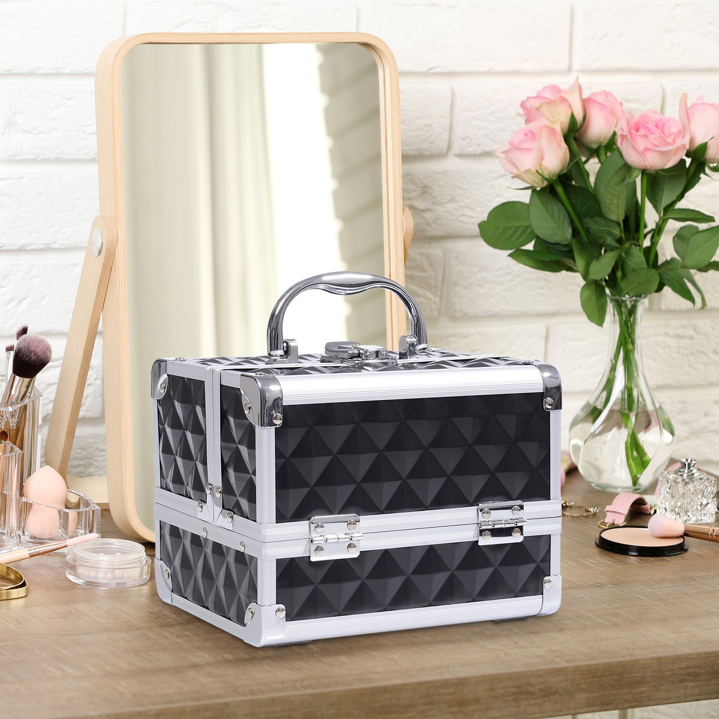 Make-upkoffer – Make-up trolley – Cosmetica koffer – Beautycase – Visagiekoffer – Aluminium frame – Uitklapbare 3-laags met slot en spiegel – Zwart – 20x15x15 cm