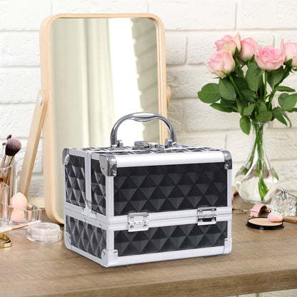 Make-upkoffer – Make-up trolley – Cosmetica koffer – Beautycase – Visagiekoffer – Aluminium frame – Uitklapbare 3-laags met slot en spiegel – Zwart – 20x15x15 cm