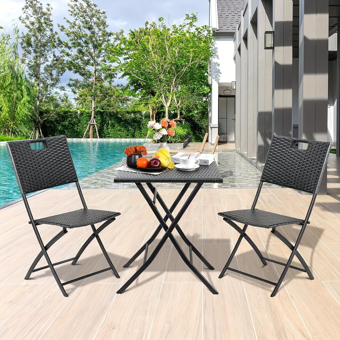 Courtyard Pub Table And Chair 3pcs Set, Rattan Balcony Furniture, Bistro Garden Furniture, 1 Folding Table And 2 Chairs, Folding Balcony Furniture, Folding Furniture Chair For Balcony, Terrace And Garden