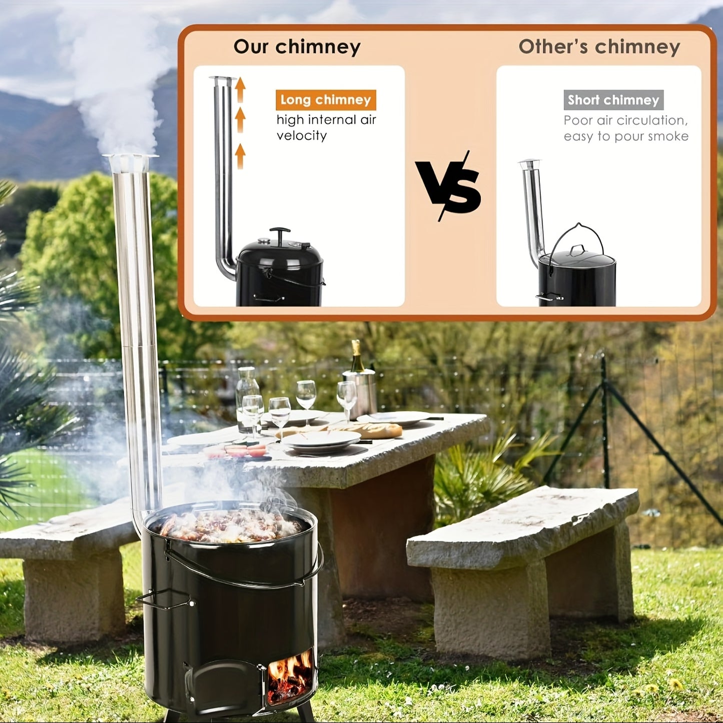 Gourmetstel – Raclette – Gourmetset – Fondue – Tafelgrill – Buitenoven met 17L + 8L geëmailleerde pannen – Ingebouwde thermometer & verstelbare ventilatie