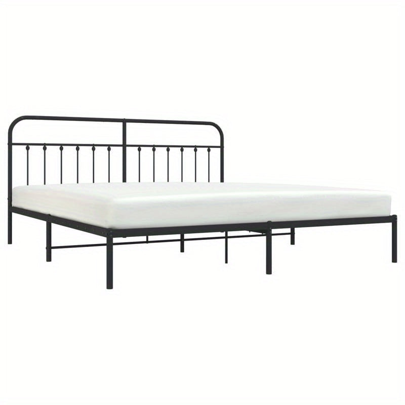 Modern Black Metal Bed Frame with Headboard, 193x203cm, Powder-Coated Steel for Strength & Stability, Minimalist Design for Contemporary Bedrooms