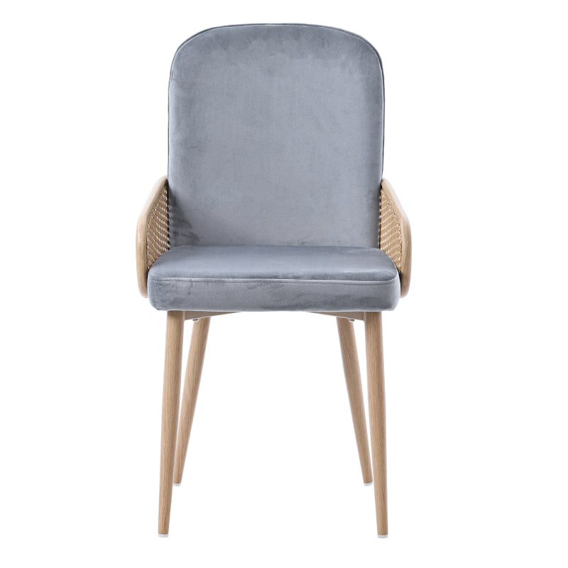 Eetkamerstoel – Stoel – Kuipstoel – Velvet Stoel – Rotan Design – Set van 2 – Velours Bekleding – Metalen Vierpoot Frame – Houtnerf Effect – Grijs