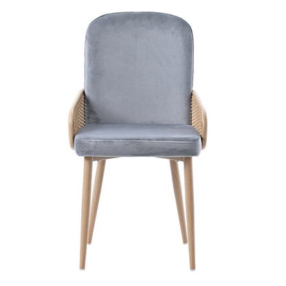 Eetkamerstoel – Stoel – Kuipstoel – Velvet Stoel – Rotan Design – Set van 2 – Velours Bekleding – Metalen Vierpoot Frame – Houtnerf Effect – Grijs