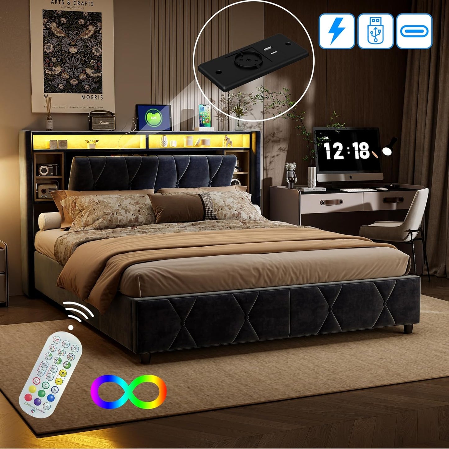 Opbergbed – Gestoffeerd Bed – Tweepersoonsbed – Hydraulisch Bed – Slaapbank – 140x200 cm – Grote Opbergruimte – USB Oplaadpoort & LED Verlichting
