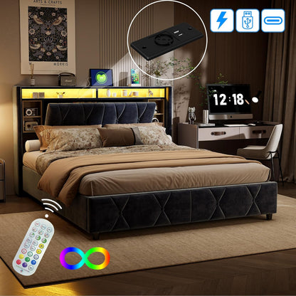 Opbergbed – Gestoffeerd Bed – Tweepersoonsbed – Hydraulisch Bed – Slaapbank – 140x200 cm – Grote Opbergruimte – USB Oplaadpoort & LED Verlichting