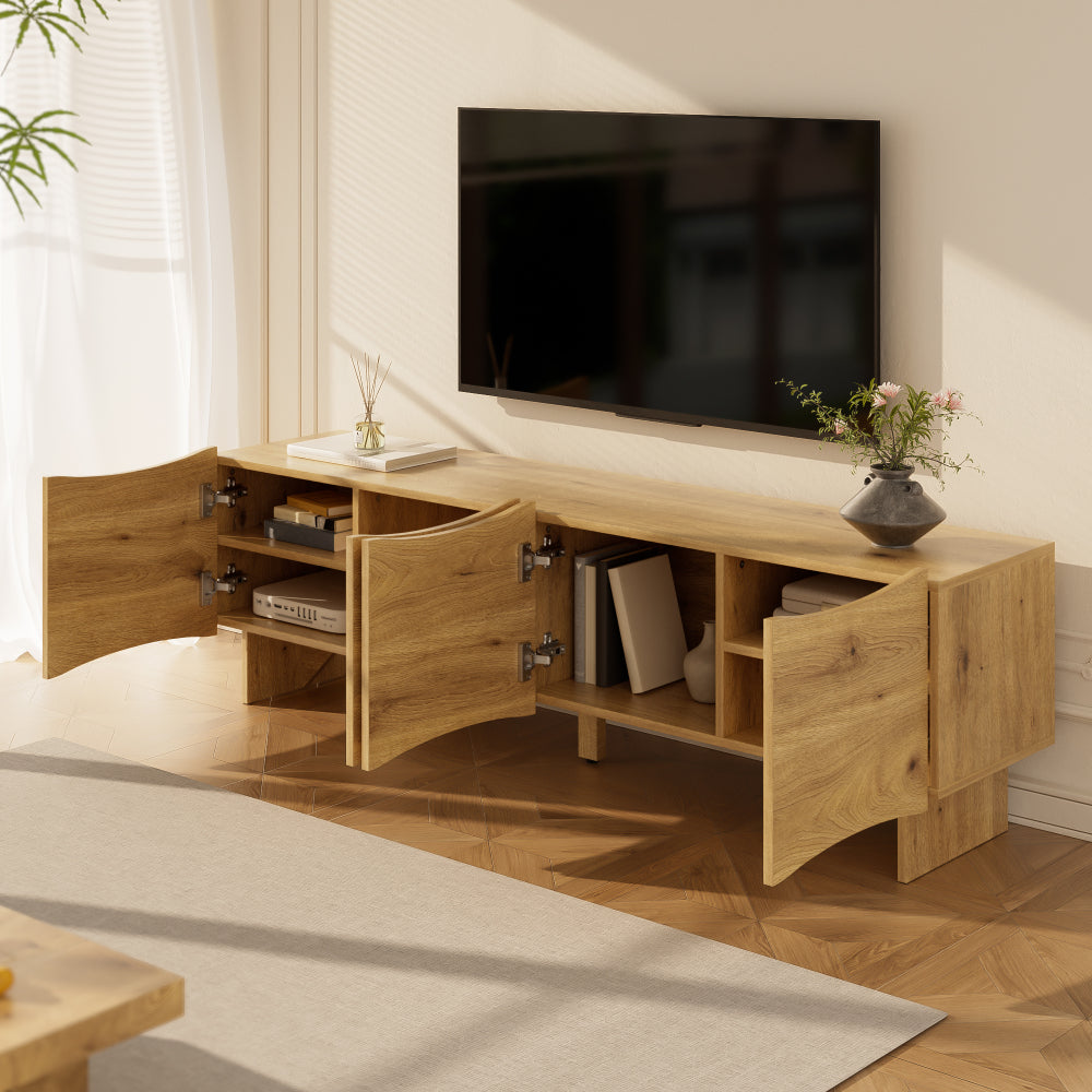 Tv-kast – Tv-meubel – Mediaconsole – Opbergkast – Entertainmentmeubel – Natuurlijke Kleur – 155 cm Breed – Modern Gegolfd Design