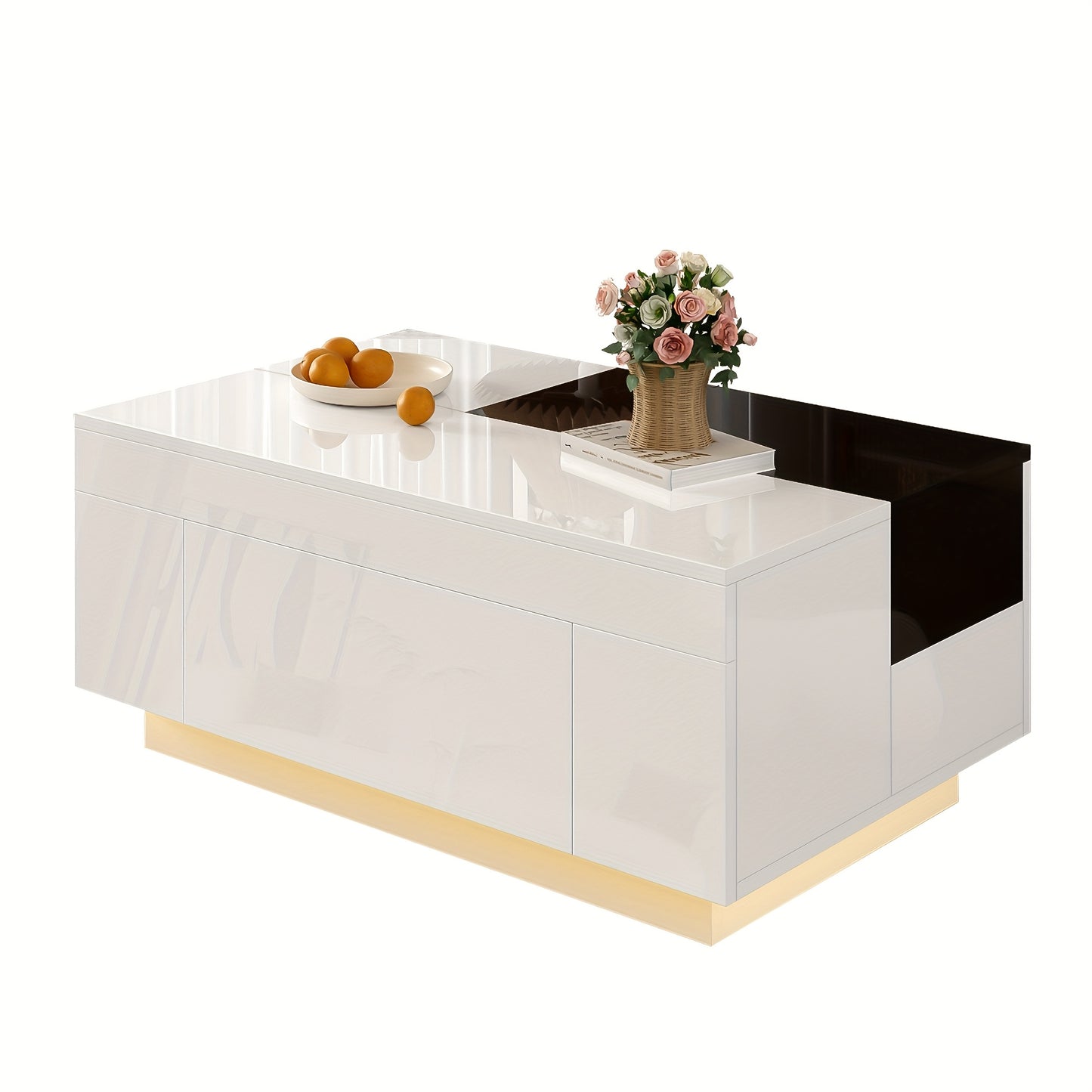 Modern Metal Coffee Table with Retractable Black & White Glossy Top & Hidden Storage - Easy Assembly, Space-Saving Design, Durable Metal Construction for Contemporary Living Room Furniture, Minimalist Center Table for Apartme