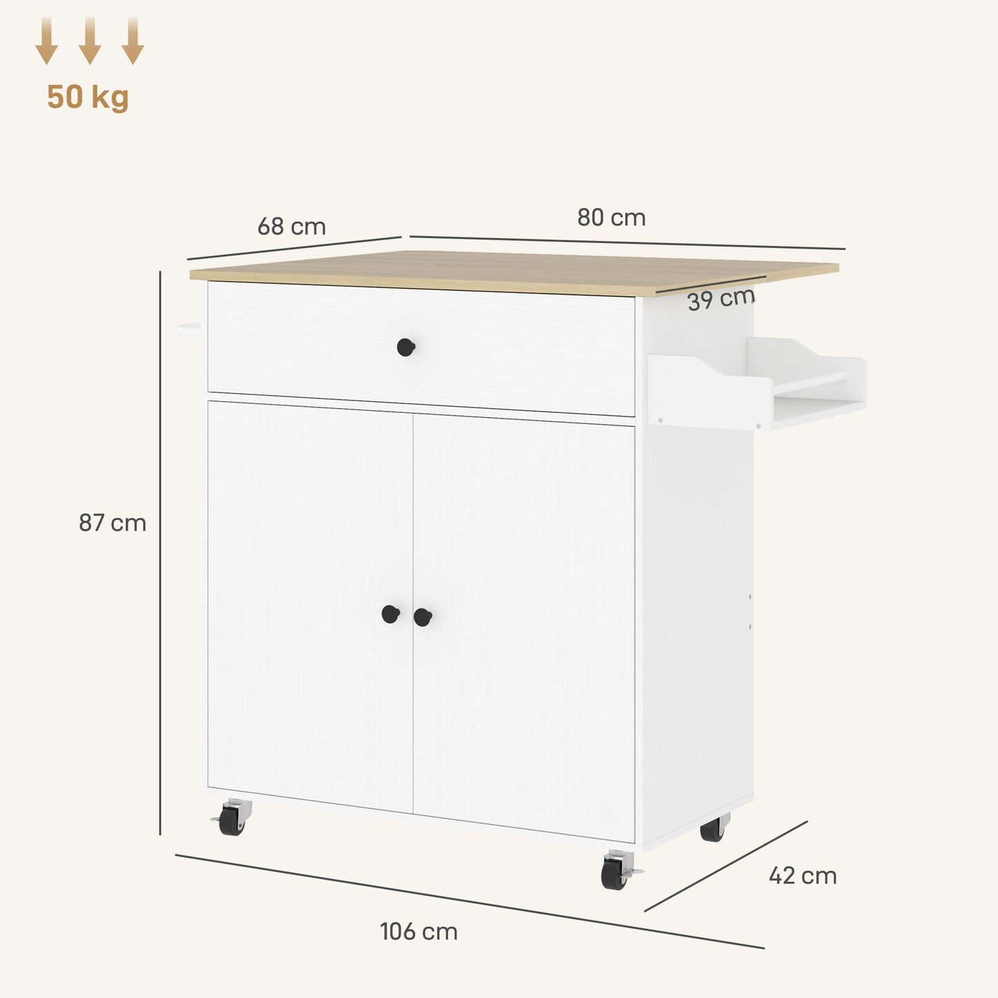 Keukentrolley – Keukenwagen – Serveerwagen – Opbergtrolley – Keukenrek – Uitklapbaar Werkblad – MDF Wit/Eiken 106x42x87 cm