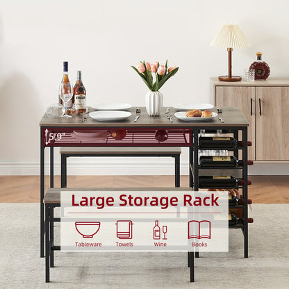3-delige Eettafelset – Eettafel Met Banken – Tafeltje Met Opbergruimte – Barkrukset – Bankenset – Compact Ruimtebesparend Ontwerp – Stevig Hout Metaal Grijs