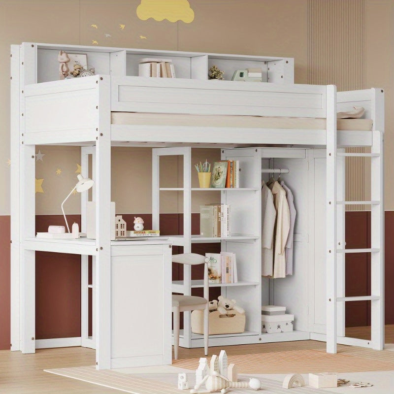 Hoogslaper – Stapelbed – Eenpersoonsbed – Kinderbed – Bed Met Bureau – Wit – 90x200 cm – Met Kledingkast En Opbergruimte