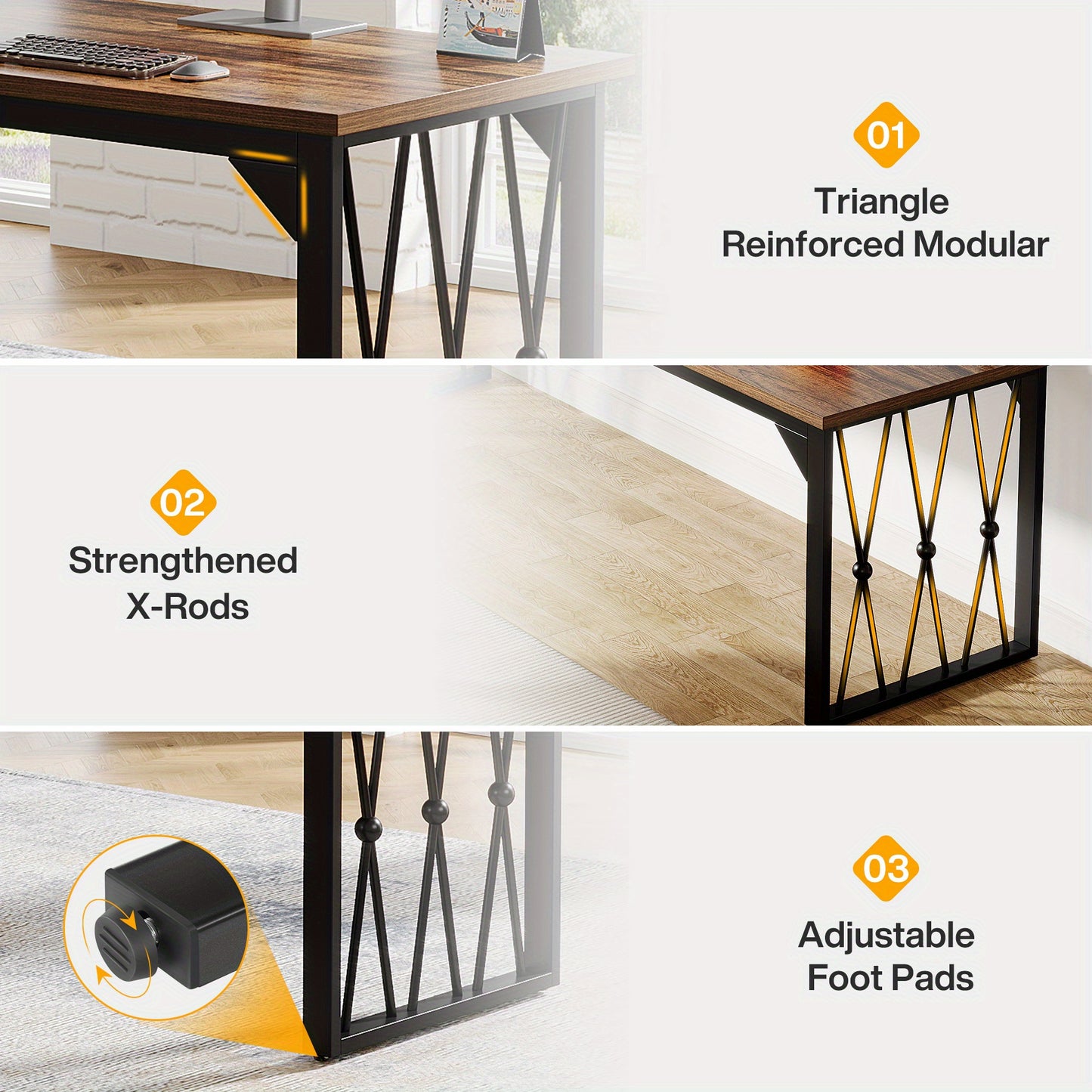 Bureau – Bureaumeubel – Schrijftafel – Werktafel – Computertafel – Verstelbaar In Hoogte – Stevig Met Bruin Gelamineerd Houtblad En Zwart Metalen Frame – 198 cm Lang