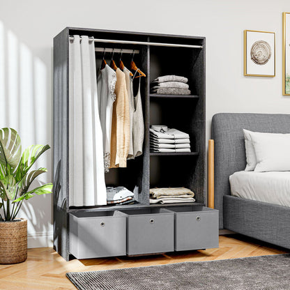 Kledingkast – Kast – Garderobekast – Kledingopslag – Slaapkamerkast – Met Gordijn – 117,5 cm Kledingroede – 3 Uitneembare Stoffen Lades – Zwarte Houtlook – 105x48x160 cm