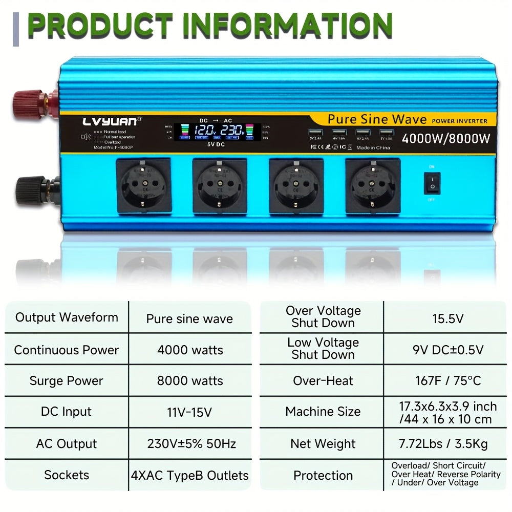Omvormer 12V naar 230V – Inverter – Stroomomvormer – Spanningsomzetter – Power Converter – 4000W Continu Vermogen – Pure Sinusgolf & 4 Stopcontacten