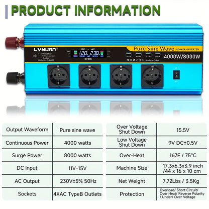 Omvormer 12V naar 230V – Inverter – Stroomomvormer – Spanningsomzetter – Power Converter – 4000W Continu Vermogen – Pure Sinusgolf & 4 Stopcontacten