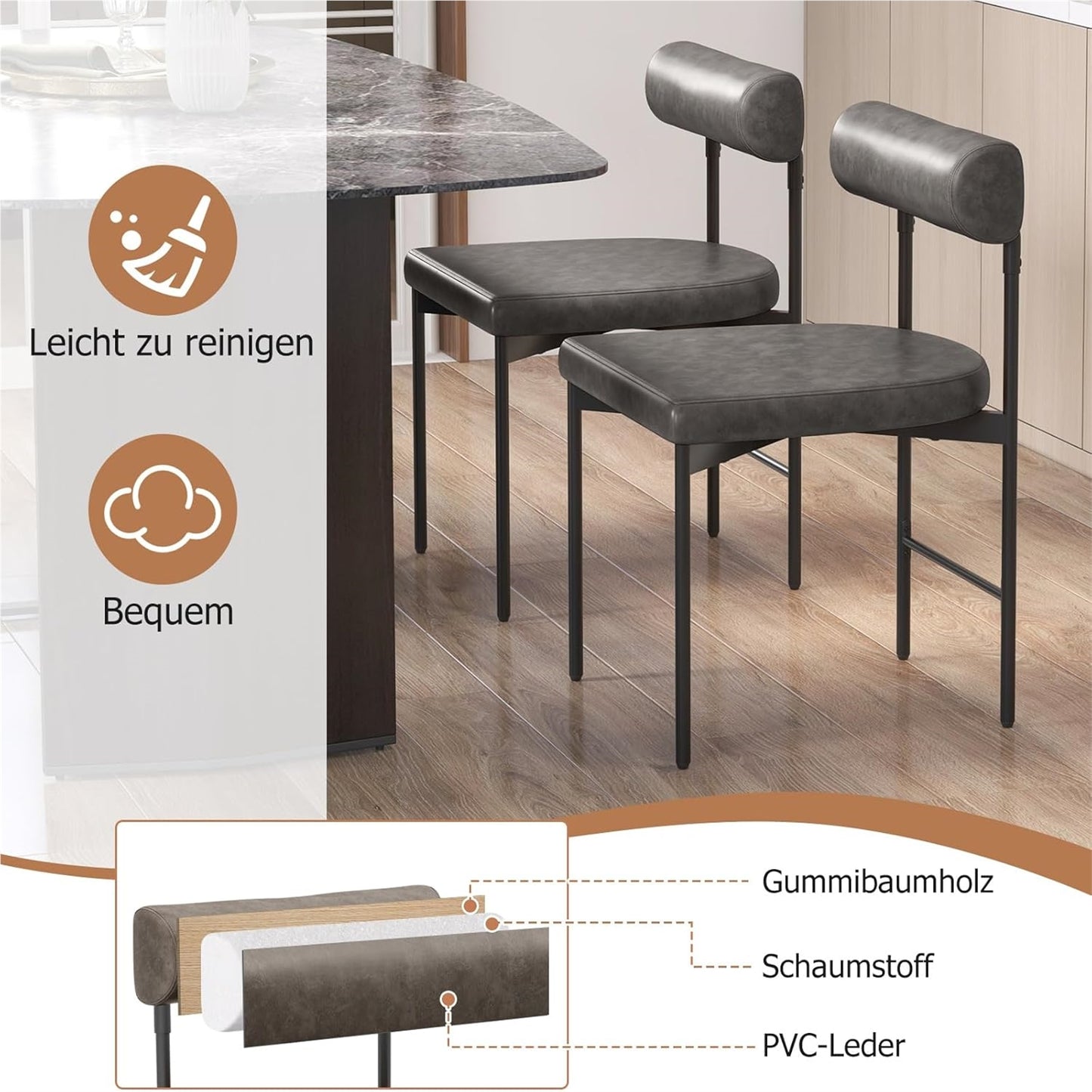 Eetkamerstoelen – Stoelen – Keukenstoelen – Design Stoelen – Armloze Stoelen – Ergonomisch Comfort – Grijs PVC Kunstleer