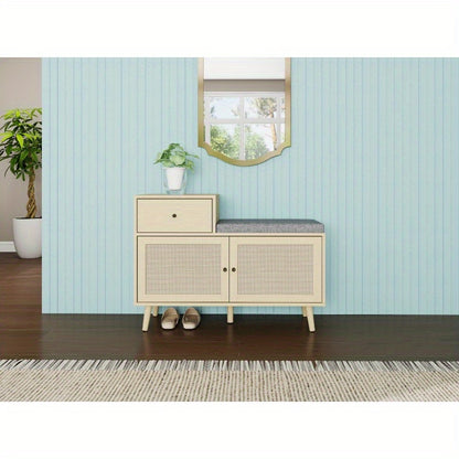 Schoenenbank – Schoenenkast – Halbank – Schoenopberger – Opbergmeubel – Rattan Geweven Deuren – Geïntegreerde Opberglade – Bekleed Zitoppervlak – Metaal Met Houtlook – 90x35x65 cm