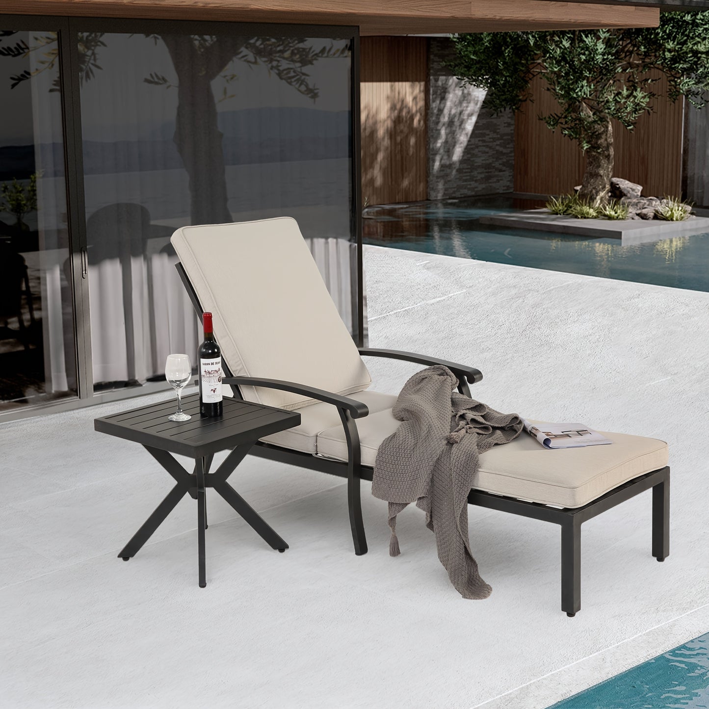 Casual Patio Chair, Adjustable Reclining Rustproof Aluminum Poolside Chaise Lounge Furniture, Waterproof Beige Cushion (1pc)