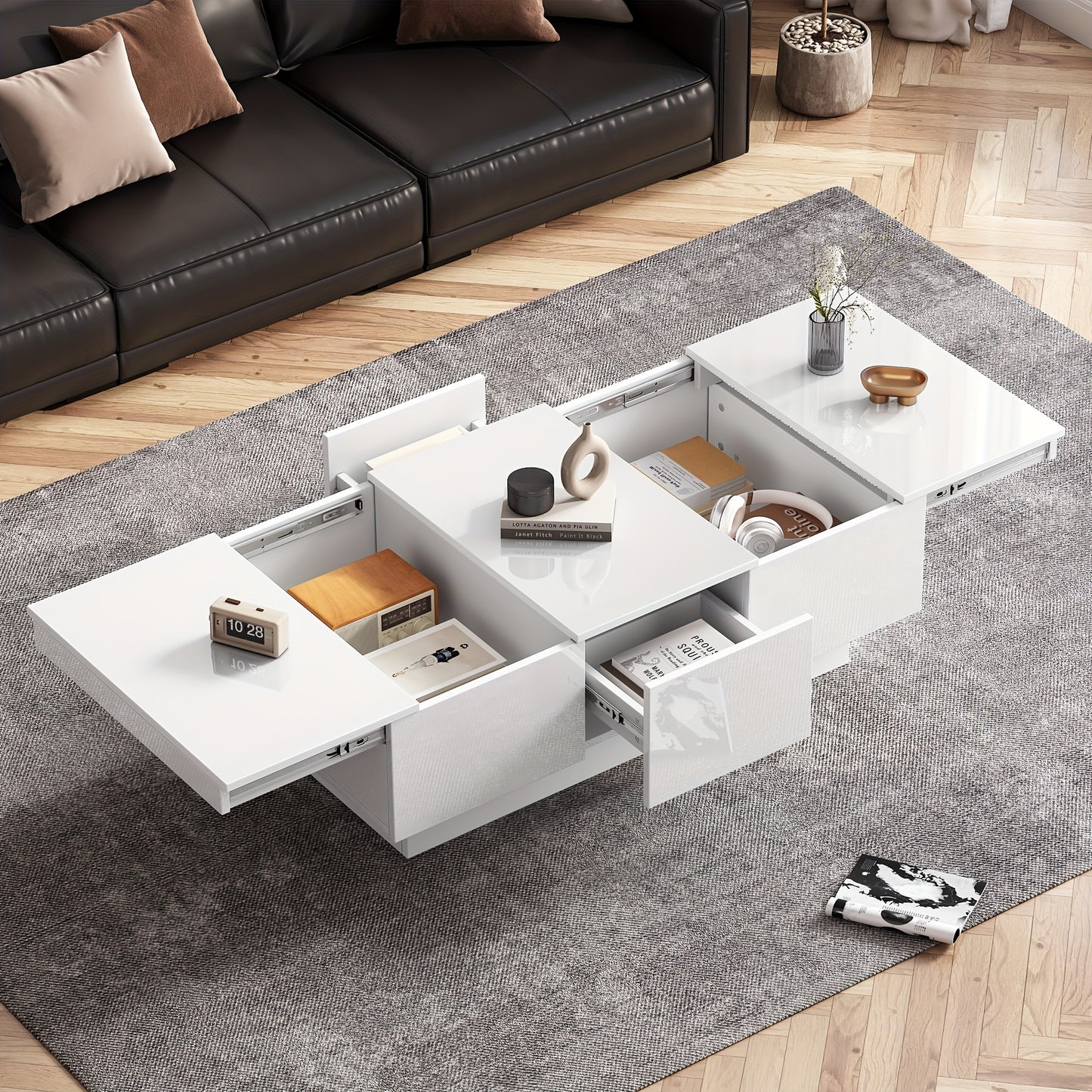Salontafel – Coffee Table – Woonkamertafel – Tafeltje – Tafel met Opbergruimte – Wit Met Schuiffunctie – 2 Verborgen Vakken & 2 Lades – 100x55x35 cm – Modern Design