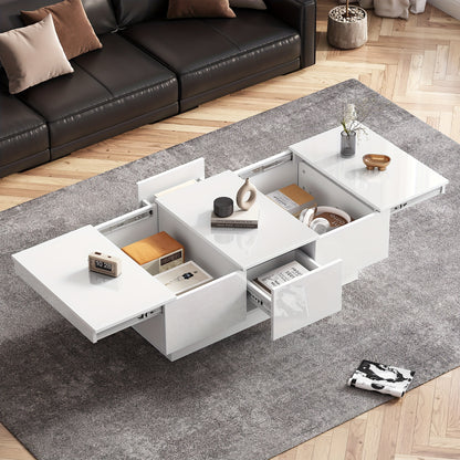 Salontafel – Coffee Table – Woonkamertafel – Tafeltje – Tafel met Opbergruimte – Wit Met Schuiffunctie – 2 Verborgen Vakken & 2 Lades – 100x55x35 cm – Modern Design