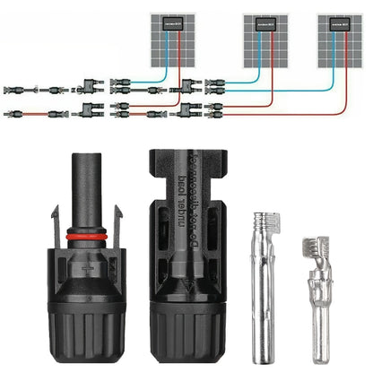 PV-Connector Set met Druk- en Klemgereedschap – MC4 Connectoren, Platte Moer met Koperen Kern, PPO Isolatie en Koper-Tin Plating – Geschikt voor Thuisinstallatie en Onderhoud