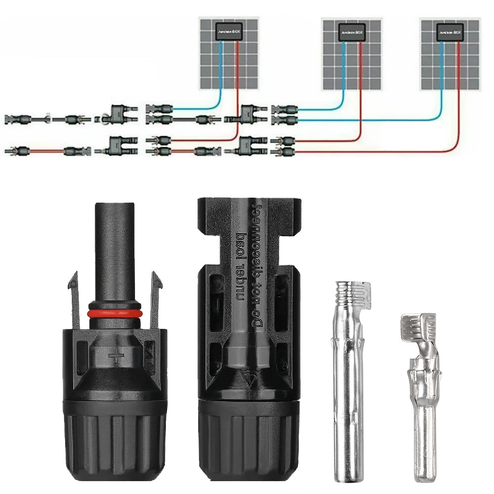 PV-Connector Set met Druk- en Klemgereedschap – MC4 Connectoren en Platte Moeren met Koperen Kern – PPO Isolatie en Koper-Tin Plating – Voor Thuisinstallatie en Onderhoud