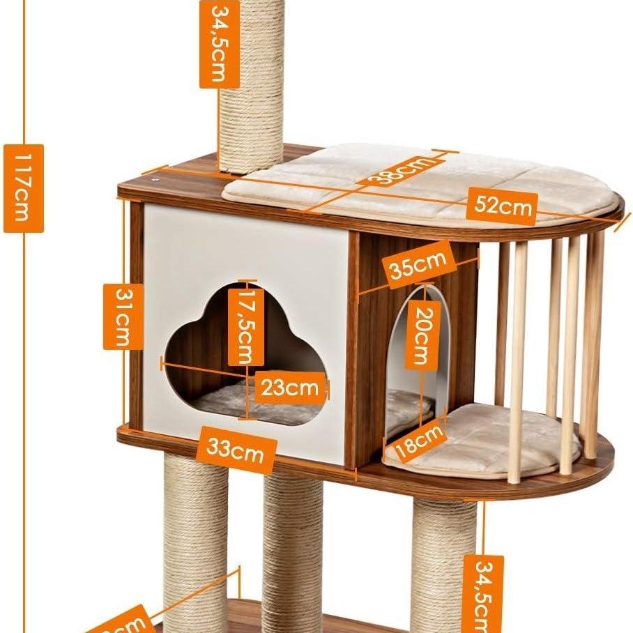 Kattenkrabpaal – Krabmeubel – Klimpaal – Krabton – Kattenhuis – 117 cm Hoog – Wasbare Kussens Bruin