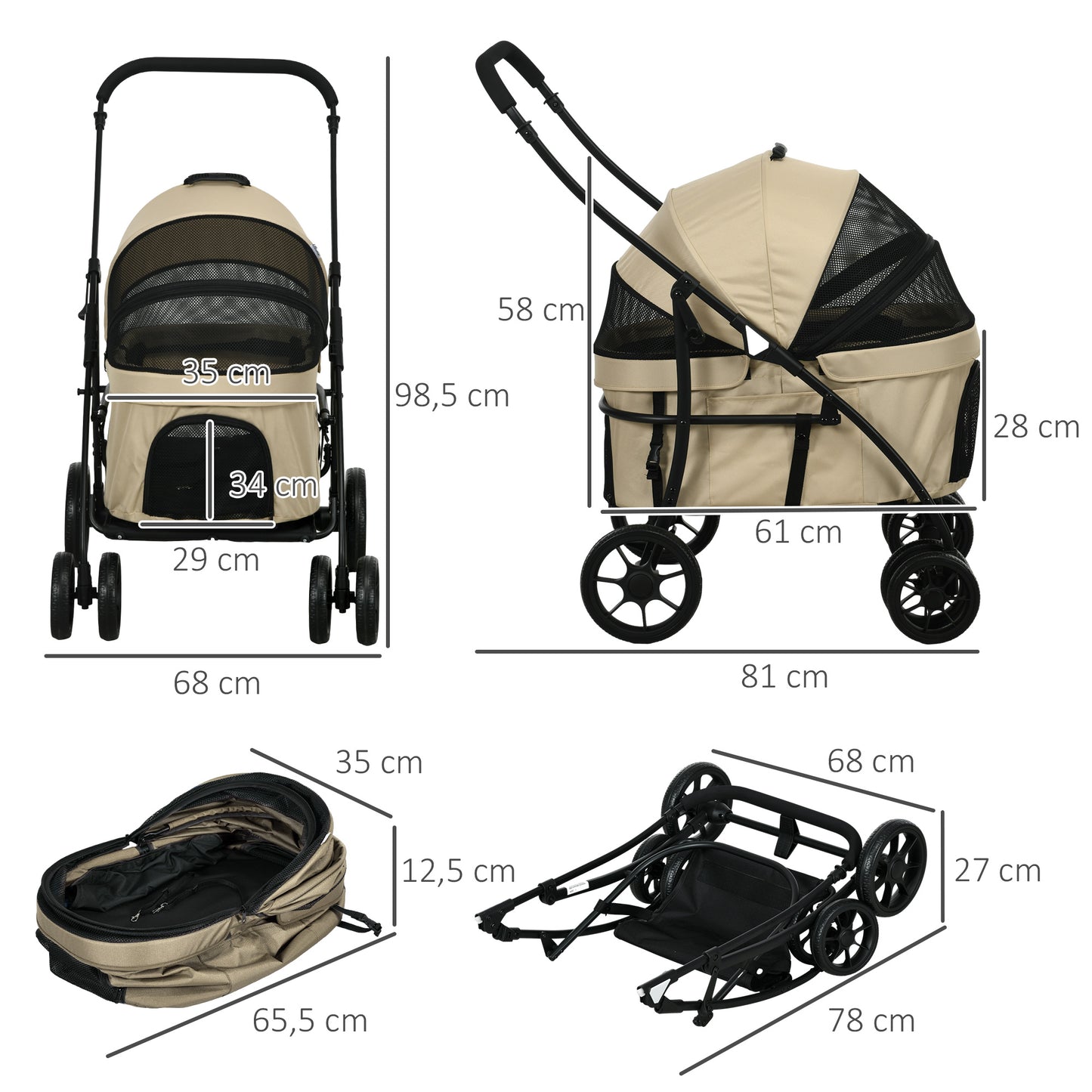 Dierwagen Hondenwagen Kattenwagen Huisdierwagen Wandelwagen – 2-In-1 Opvouwbaar – Veiligheidstuigje En Lichtgewicht Stalen Frame – Geschikt Tot 10 Kg – Afmetingen 81x68x98,5 Cm