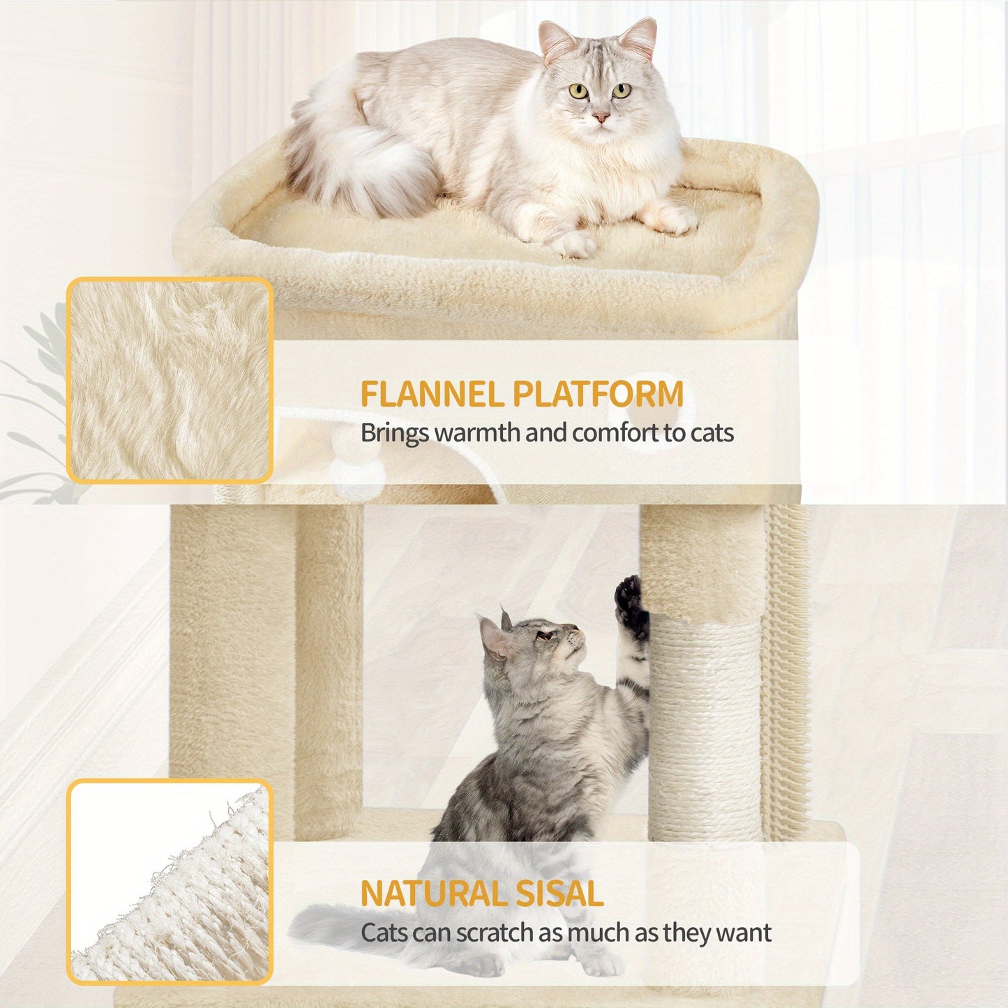 Kattenboom – Krabpaal – Klimpaal – Kattenhuis – Kattenmeubel – Beige Kleur – 203 cm Hoog – 7 Sisal Krabpalen & 2 Ruime Holletjes