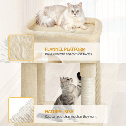 Kattenboom – Krabpaal – Klimpaal – Kattenhuis – Kattenmeubel – Beige Kleur – 203 cm Hoog – 7 Sisal Krabpalen & 2 Ruime Holletjes