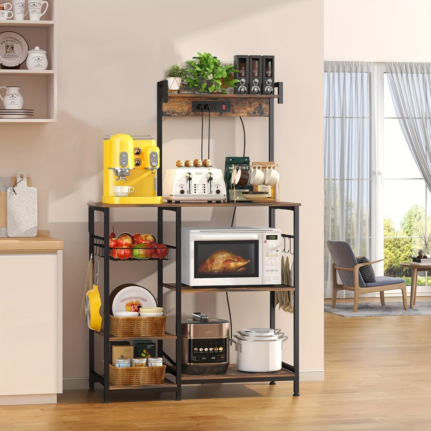 Keukenrek – Keukentrolley – Opbergrek – Keukenorganizer – Kast Organizer – Vier Lagen – Metalen Frame – Walnootkleurige Afwerking