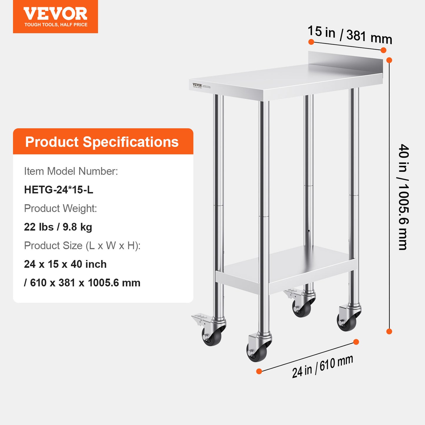 Werktafel – Werkbank – RVS Tafel – Keukentafel – Opbergsysteem – Roestvrij Staal SUS201 – 3 Verstelbare Legplanken – Zwenkwieltjes Met Rem