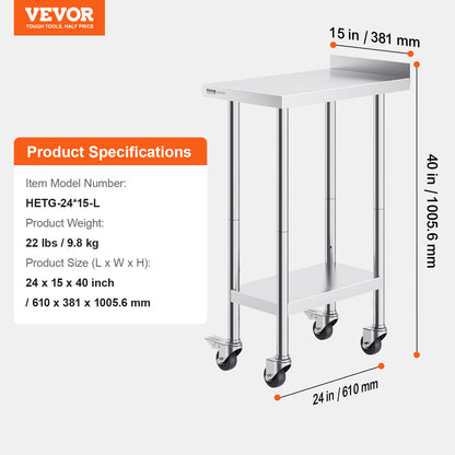 Werktafel – Werkbank – RVS Tafel – Keukentafel – Opbergsysteem – Roestvrij Staal SUS201 – 3 Verstelbare Legplanken – Zwenkwieltjes Met Rem