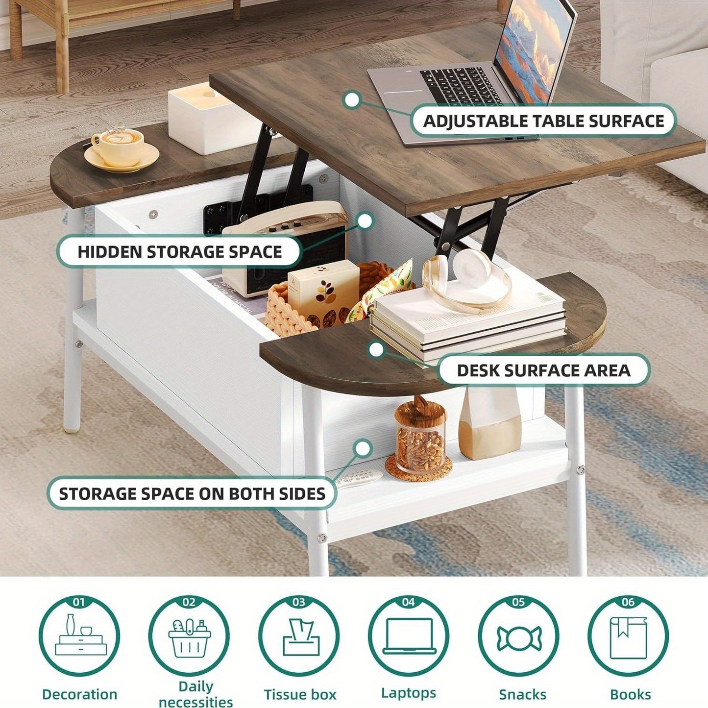 Salontafel – Koffietafel – Woonkamertafel – Verstelbare Tafel – Ovale Tafel – Verstelbare Hoogte – Verborgen Opbergruimte – Wit Hout – 100x50x42 cm