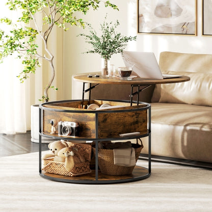 Verstelbare Salontafel – Ronde Tafel – Bijzettafel – Coffee Table – Woonkamer Tafel – Bruin – Hoogte Verstelbaar 47-61,5 cm – Met Verborgen Opbergruimte