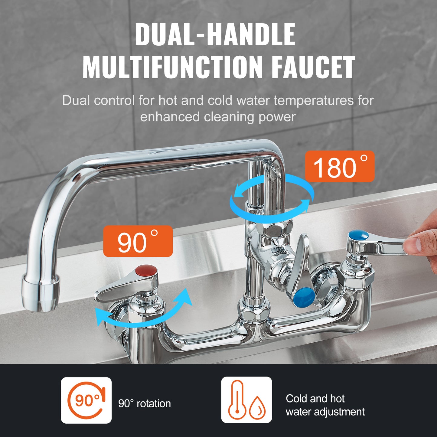 Professionele Keukenkraan – Wandkraan – Pre-Rinse Kraan – Commerciële Spoelkraan – Draaibare Uitloop – Messing Constructie – 25 Inch Hoogte – 12 Inch Scharnierende Uitloop