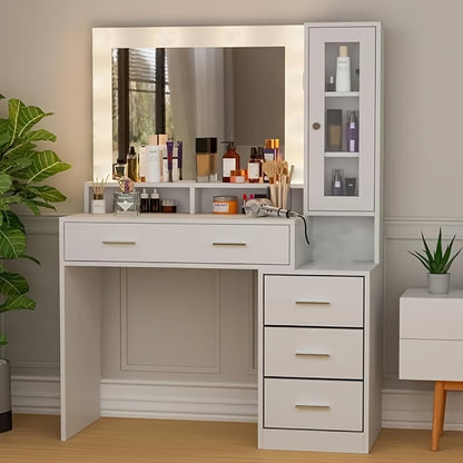 Bureau – Werkplek – Bureautafel – Computertafel – Meubel – Modern Design – 5 Lades & Spiegel – Glazen Blad 101x40x143 cm