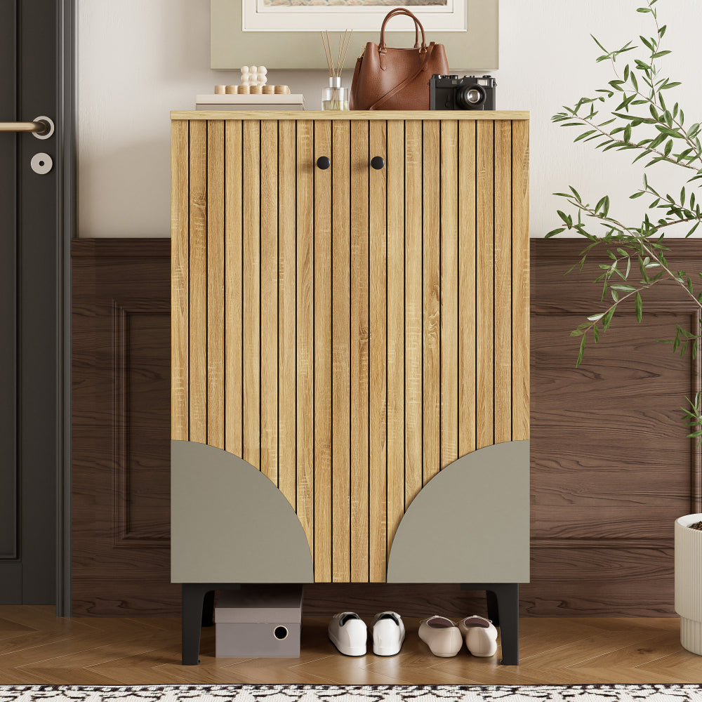 Schoenenkast – Schoenenrek – Schoenenkastje – Schoenopberger – Schoenmeubel – Modern – Ruimtebesparend – MDF Met Zwart Metalen Frame – 60x32x94 cm – Meerdere Planken – Deuren